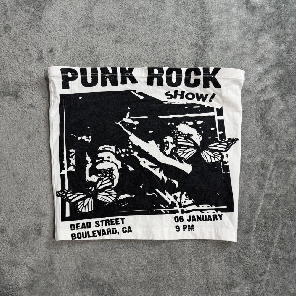 Princess Polly Punk Rock Show Graphic Tube Top White Black Strapless Size 4